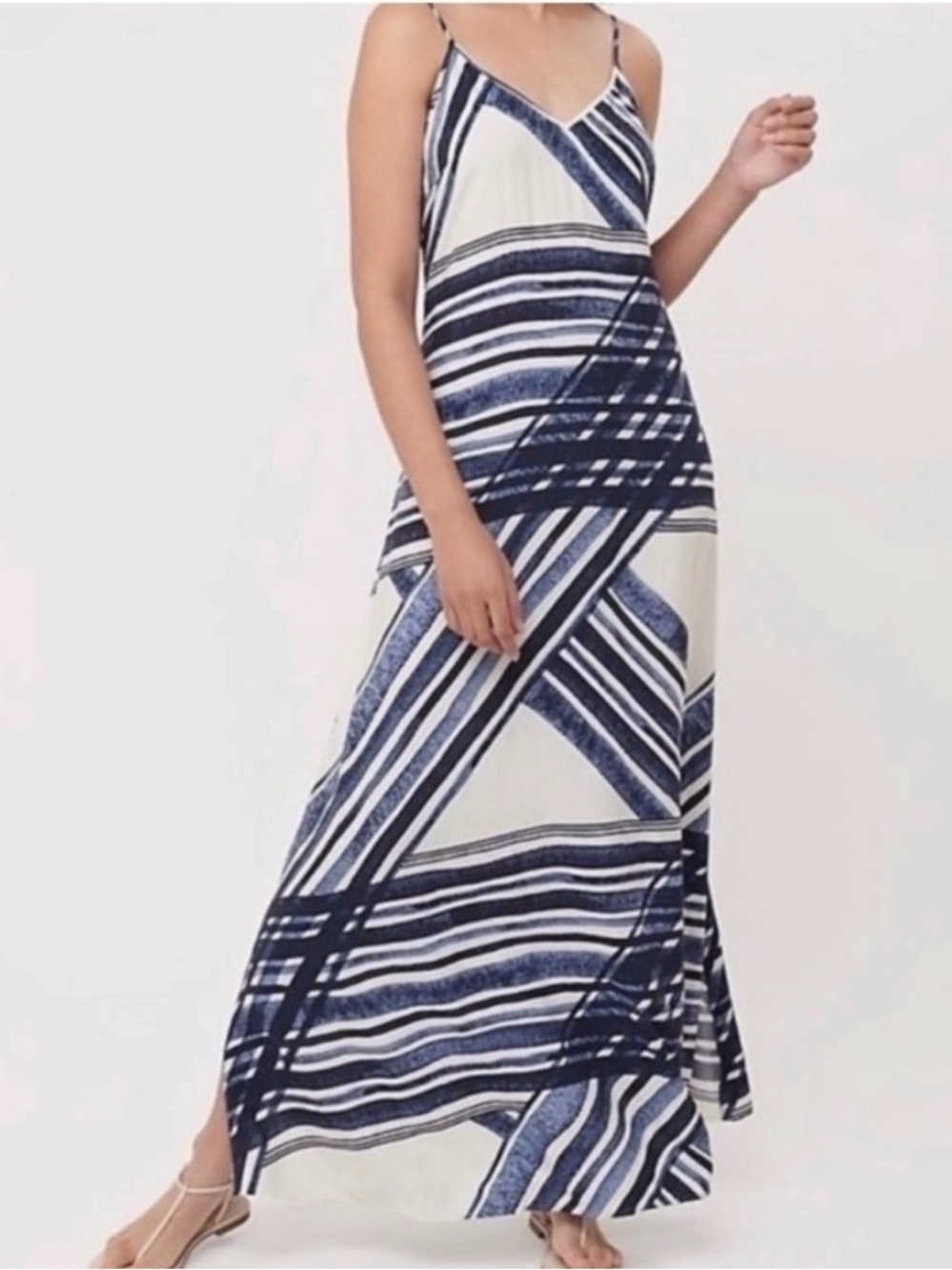 LOFT White Blue Brush Strokes Maxi Dress Medium
